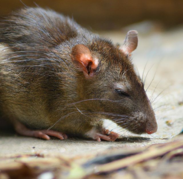 Brown rat sleeping on ground with eyes closed. Image ideal for wildlife articles, nature documentaries, educational materials on rodents, animal behavior studies, and environmental presentations.