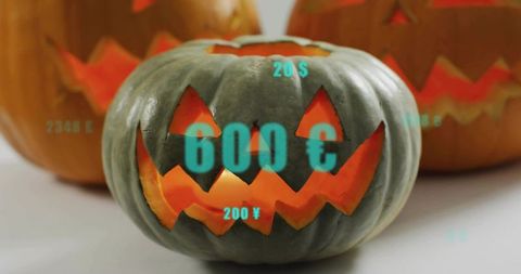 Glowing jack-o-lantern with teal currency overlays representing augmented finance with ar