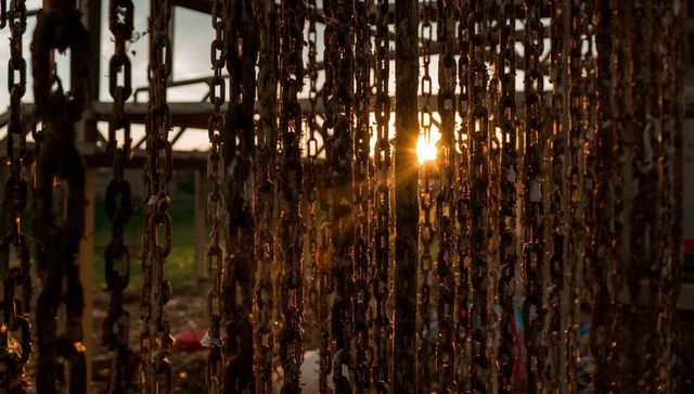 Hanging rusted chains backlit by sunset, industrial scrapyard texture with lensflare