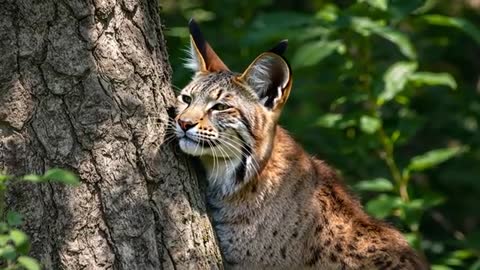 Wild Lynx Rubbing Tree Trunk in Forest, Scenting and Alert Gaze in Dappled Sunlight