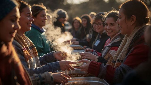 Volunteers serving steaming hot meals at outdoor community meal line during golden hour