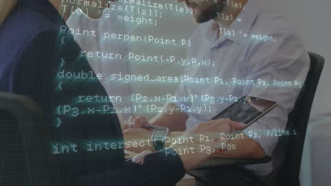 Business Professionals Engaged with Digital Code Overlay