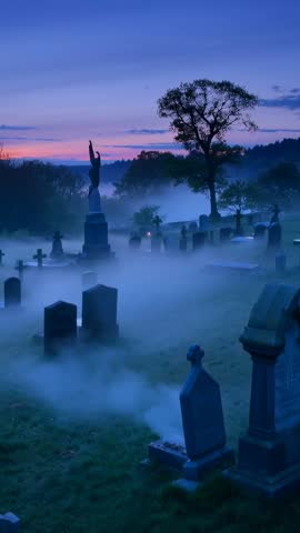 Vertical video panning through foggy cemetery at dawn with lone tree and angel statue