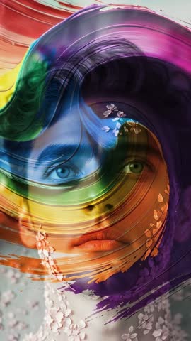 Vertical swirling paint revealing and hiding female portrait with drifting petals