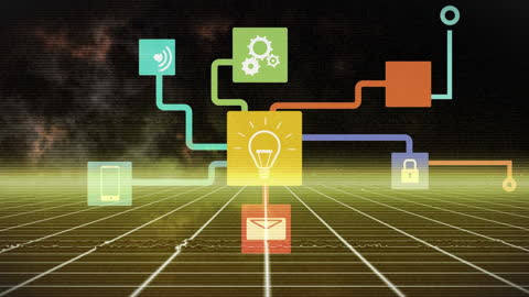 Futuristic Network Connection with Diverse Digital Icons on Abstract Grid