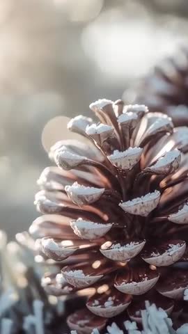 Warming Sunlight Shifting Over Frosted Pinecone Catching Ice Macro Vertical Video