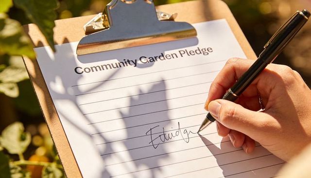 Signing community garden pledge on clipboard with pen, sunlight and leaf shadows