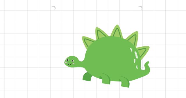 Smiling green cartoon dinosaur with plates on its back standing against a white grid-patterned background. Perfect for children's books, educational posters, nursery room decor, creative projects, or playful designs for children's clothing. Engages children with vibrant colors and a friendly character, aiding early education and imagination stimulation.