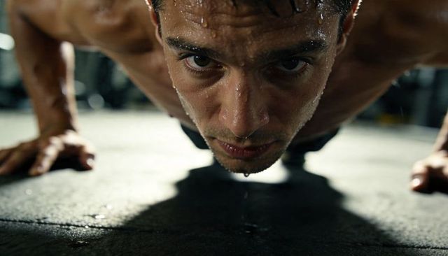 Sweat-drenched athlete performing intense push-up closeup low-angle gym workout portrait