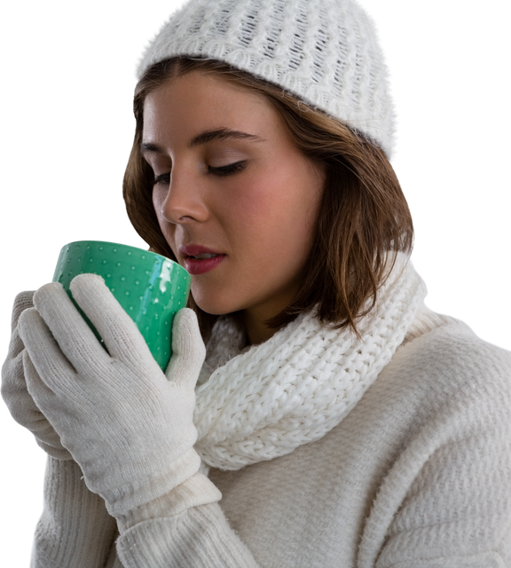 Woman in Transparent Warm Clothing Enjoying Coffee Close-up - Download Free Stock Videos Pikwizard.com