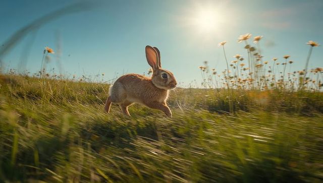 Bounding brown rabbit racing through sunlit meadow of wildflowers