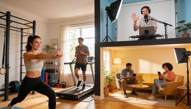 Home gym loft multitasking: woman lunging, man running on treadmill, podcaster broadcasting