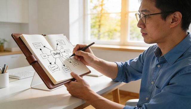 Entrepreneur sketching startup mind map in home office notebook during morning light