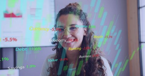 Smiling Businesswoman Analyzing Financial Data Insights in Modern Office