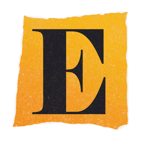 Stylized serif letter e on torn orange paper, transparent background