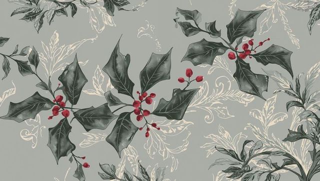 Vintage holly filigree seamless pattern in muted sage with red berries for holiday decor