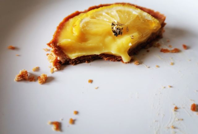 A visually appealing and delicious-looking lemon tart, captured half-eaten on a white surface. Perfect for illustrating gourmet desserts, food blogs, culinary presentations, and advertising bakery products or pastry shops.