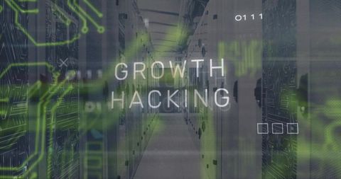 Digital Growth Hacking Text Overlaid on Server Racks in Data Center