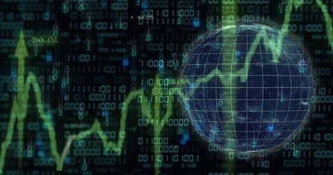 Wireframe Globe Crossing Neon Green Market Trend Line Amid Binary Data Matrix Background