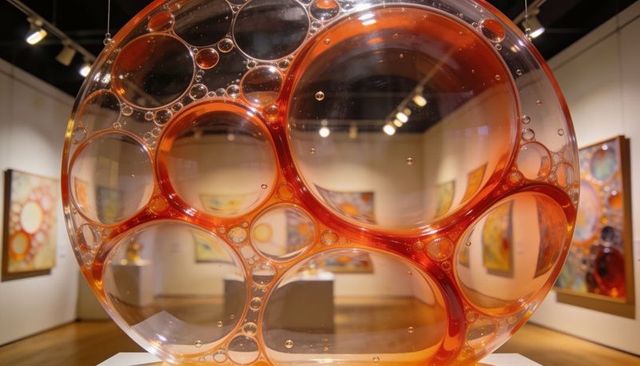 Suspended orange bubble orb revealing framed abstract art through transparent spheres