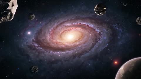 Panning Through Majestic Spiral Galaxy with Asteroids in Deep Space