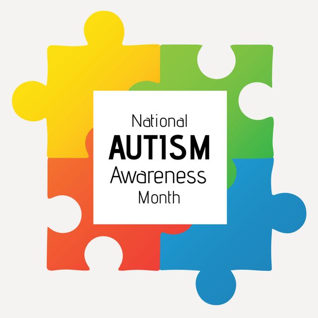 Composition of national autism awareness month text and multi colored puzzle pieces. National autism awareness month and mental health awareness concept digitally generated image.