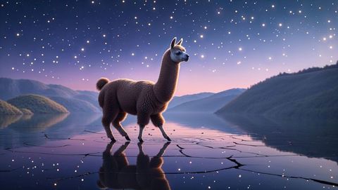 Brown llama on cracked ice at twilight under starry sky