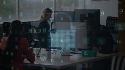 Diverse Team Working with Digital Data Security Overlay