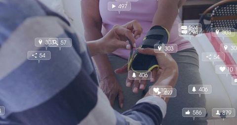 Caregiver adjusting wrist brace on senior right hand with social media engagement overlay