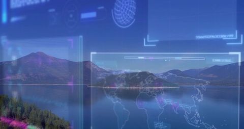 Futuristic Digital Technology Overlays on Tranquil Mountain Lake