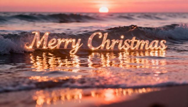 Glowing Merry Christmas Lights Casting Warm Reflections on Beach Sunset