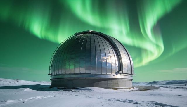 Metallic observatory dome reflecting vibrant northern lights over snow-covered arctic plain