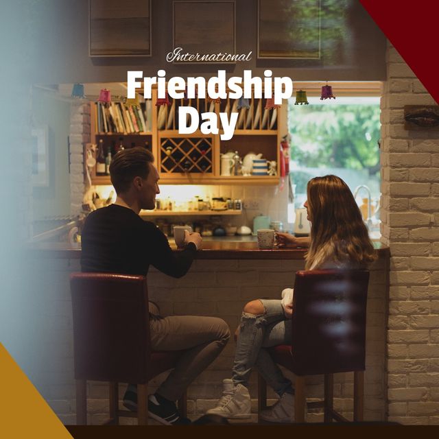 Digital image of caucasian male and female friends having coffee, international friendship day text. digital composite, celebration, friendship and togetherness concept.
