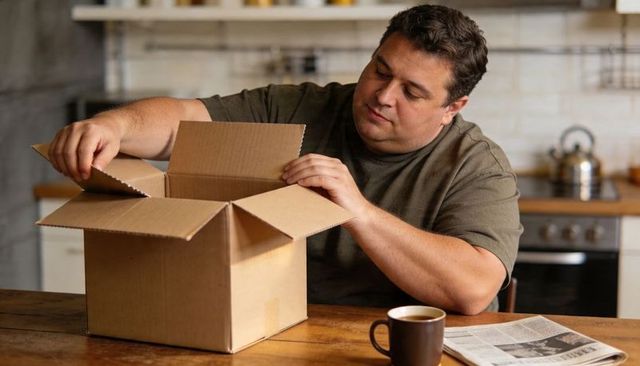 Man Opening Cardboard Box at Kitchen Table with Coffee Cup Unboxing Home Delivery