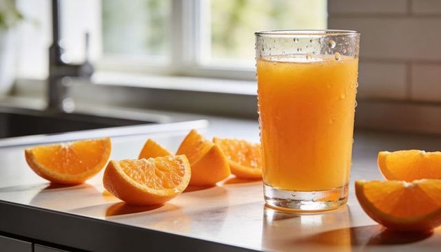 Refreshing orange juice with citrus wedges on sunlit kitchen countertop, morning beverage
