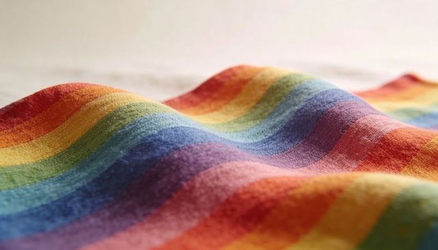 Textured rainbow striped wool fabric forming gentle waves macro closeup colorful backgrounds