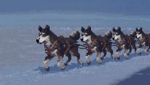 Pixel art husky sled dog team running across snowy tundra trail retro 8-bit mushing scene