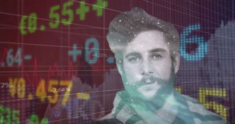 Holographic male silhouette overlaying digital financial chart