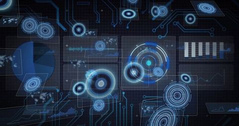 Futuristic data interface with charts and circuitry elements