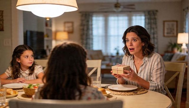 Surprised mother receiving wrapped gift at warm family dinner, cozy home evening