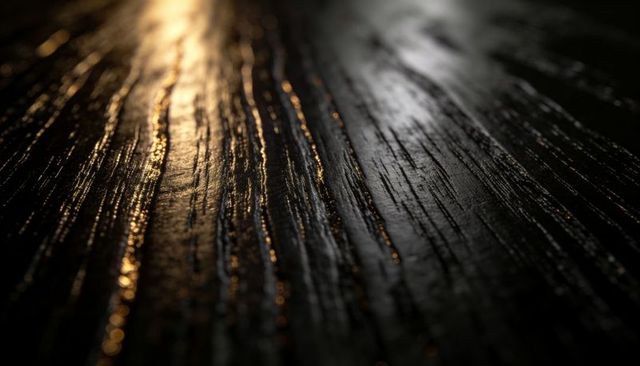 Dark wet wood grain reflecting warm and cool highlights texture moisture gloss grooves