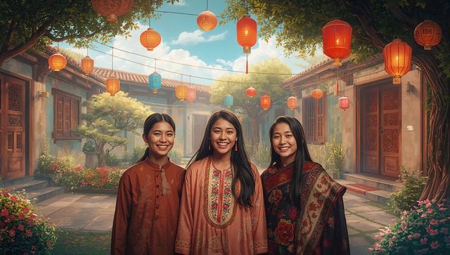 Smiling asian women celebrating lantern festival in courtyard wearing embroidered attire