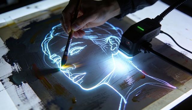 Painting neon lineart portrait with backlit led scanner on lightbox for mixed media
