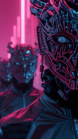 Camera Zooming Down Neon Corridor Revealing Cyberpunk Masked Warrior | Vertical Video
