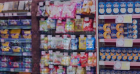 Supermarket Aisle with Market Data and Trend Graph Overlay - Download Free Stock Images Pikwizard.com