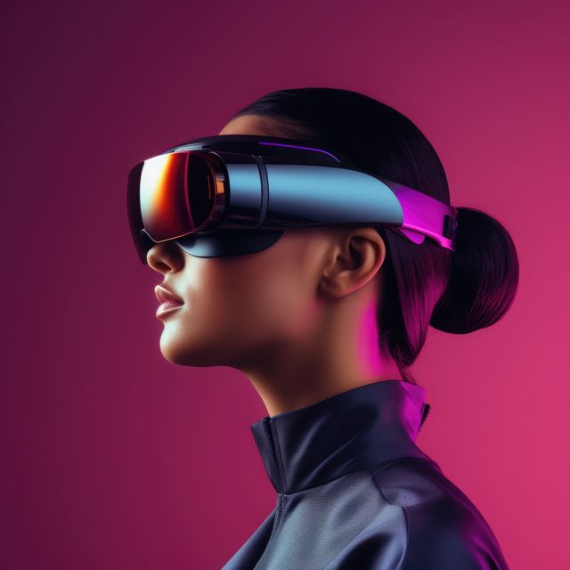 Caucasian woman wearing vr and ar headset on pink background, created using generative ai technology. Augmented and virtual reality and technology concept digitally generated image.