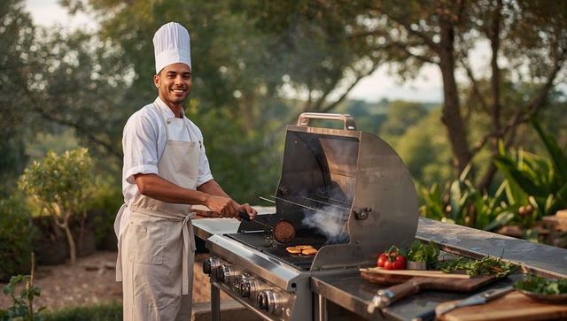 Smiling chef grilling patties on stainless steel gas grill in sunny backyard barbecue