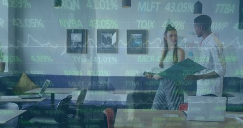 Financial Data Overlay on Team Discussion in Modern Office Environment