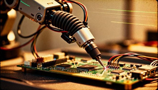 Robotic soldering arm performing precision soldering on PCB circuit board with wiring macro shot