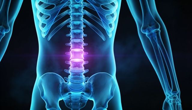 Glowing lumbar spine illustration highlighting lower back pain and vertebrae anatomy